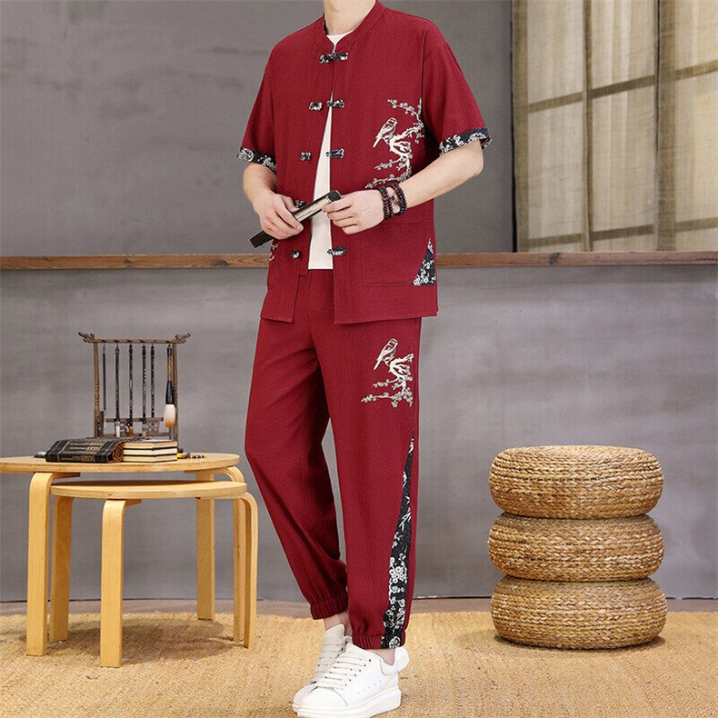 新中式风唐装夏季两件套男士冰丝宽松短袖套装复古民族男装汉服,男装T恤,星座1206（原A206）