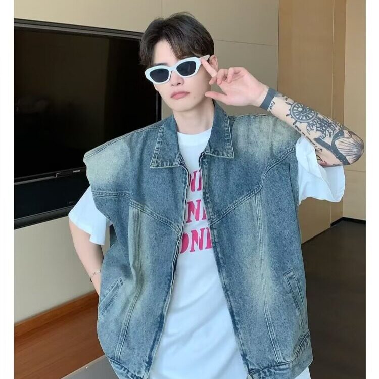 复古牛仔马甲男春秋高街潮牌坎肩无袖背心外套马甲网图 MJ611-P65图片