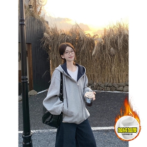 480G重磅加绒硬挺boxy男女秋冬美式高街双层撞色连帽卫衣开衫外套图片