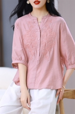 五分袖衬衫女无领刺绣燕尾大码时尚2025年夏季新款气质优雅休闲，女装衬衫，3200格调