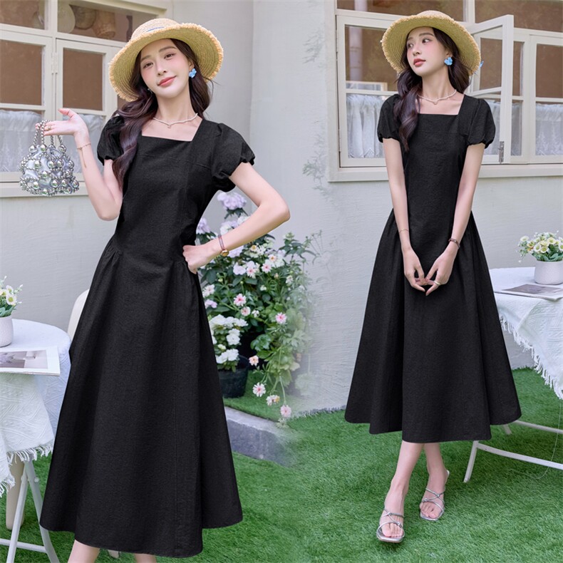 洋气绝美短袖连衣裙女2025夏新款方领法式收腰显瘦气质中长款裙子，女装连衣裙，潮流依族