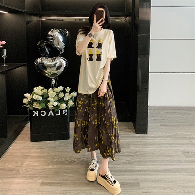 潮流时尚套装女夏新款简约甜美圆领短袖上衣黄花色碎花长裙两件套图片