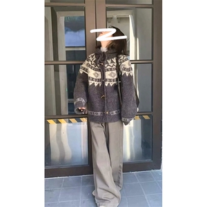 重磅秋冬北极绒开衫毛衣美式复古休闲慵懒风牛角扣针织衫连帽外套图片