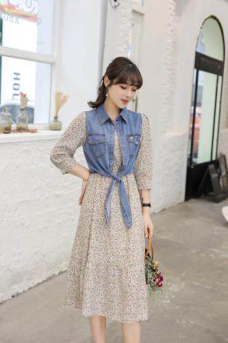 当季新款法式牛仔背心气质淑女雪纺裙，女装背心吊带，水锦红