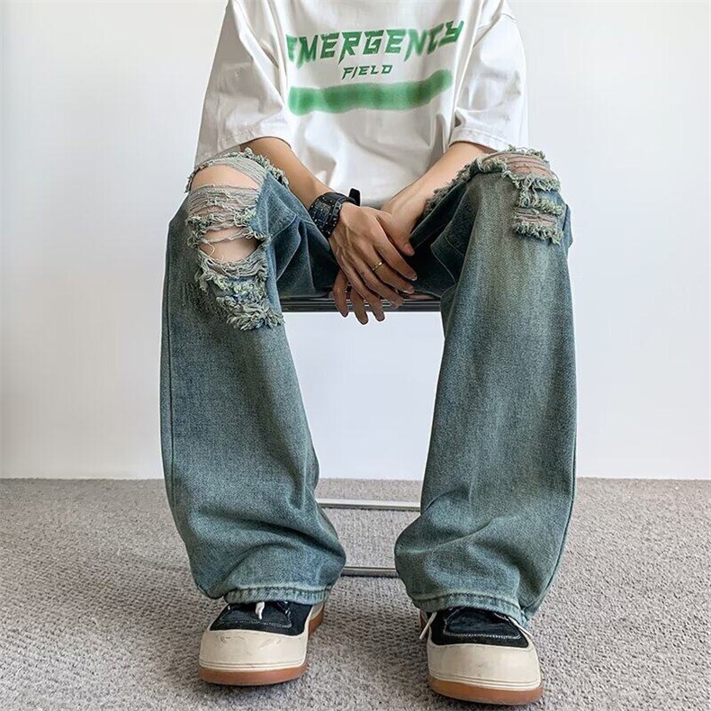 美式高街vibe复古黄泥破洞牛仔裤男夏季直筒微喇乞丐cleanfit裤子,男装牛仔裤,星座601-1