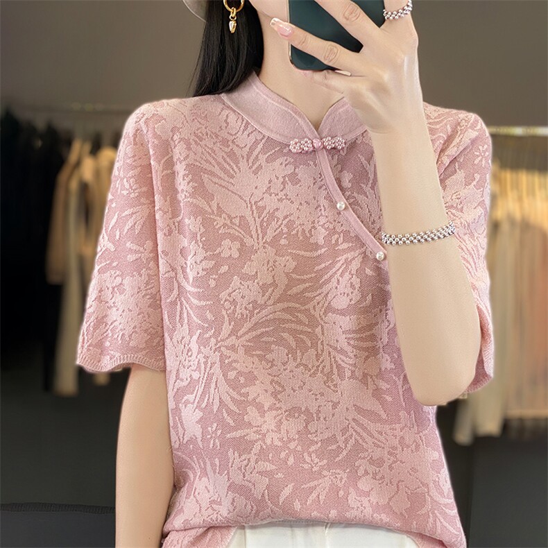 2025年夏季不连帽女士旗袍领时尚百百搭通勤休闲短袖,女装T恤,森墨