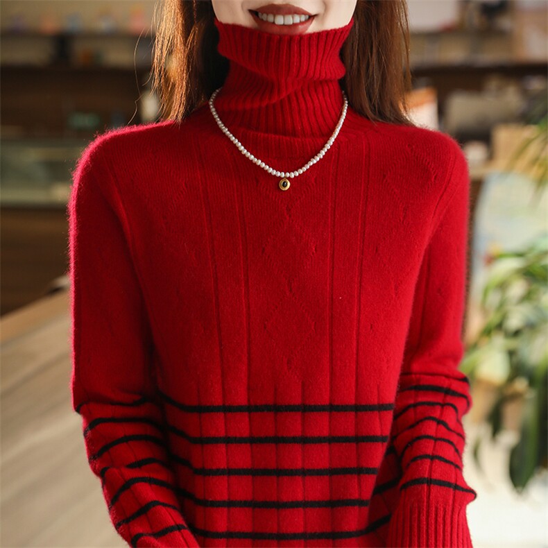 高领黑色条纹女士羊毛衫简约时尚羊毛,女装羊毛衫,暮绒羊羊绒