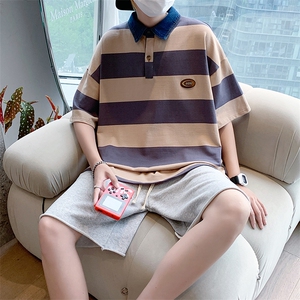 夏季港风潮流条纹撞色百搭翻领polo衫宽松短袖T恤男 T1170-P31图片