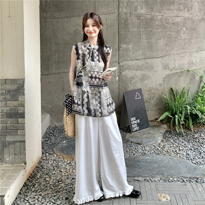 新中式国风绝美拼色包边小衫女夏季2025新款复古盘扣印花无袖上衣，女装蕾丝衫/雪纺衫，秋水欣儿