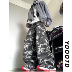 美式高街vibe复古玫瑰印花迷彩工装裤男女宽松直筒垂感阔腿休，男装休闲裤，星座218-1（原230）