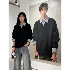 假两件翻领卫衣男女春秋2026新款美式潮牌宽松拼接Polo领休闲外套，女装短外套，星座1210-1