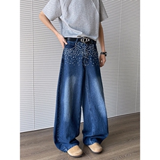 春夏季美式复古碎花直筒牛仔裤男女宽松休闲阔腿长裤潮N07821-P52，男装牛仔裤，星座308B-1