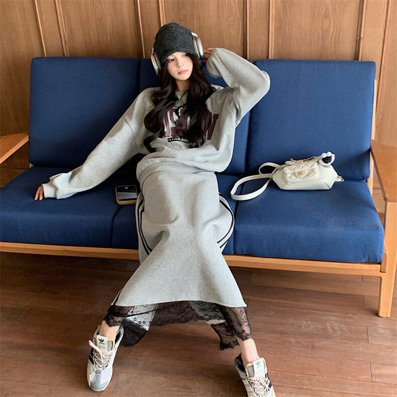 慵懒风灰色卫衣套装裙女2025春季新款设计感蕾丝拼接半身裙两件套，女装套装/套裙，浙宝103（原192）