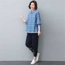 套装女2022秋季新款时尚休闲妈妈两件套牛仔绣花，女装大码女装，奕阳依阁