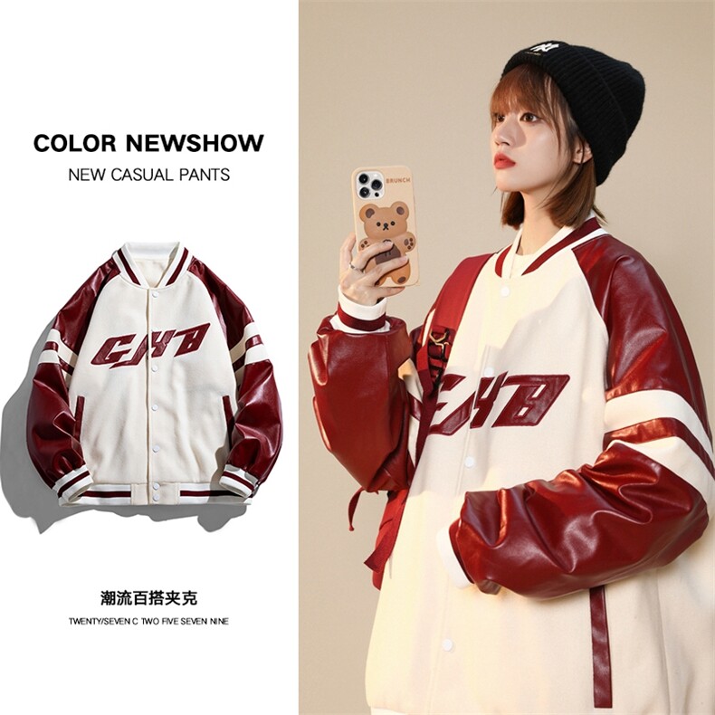 棒球服皮袖拼接字母毛巾绣落肩夹克情侣装单排扣休闲宽松外套,男装夹克,电商A409-1