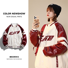 棒球服皮袖拼接字母毛巾绣落肩夹克情侣装单排扣休闲宽松外套，男装夹克，电商A409-1