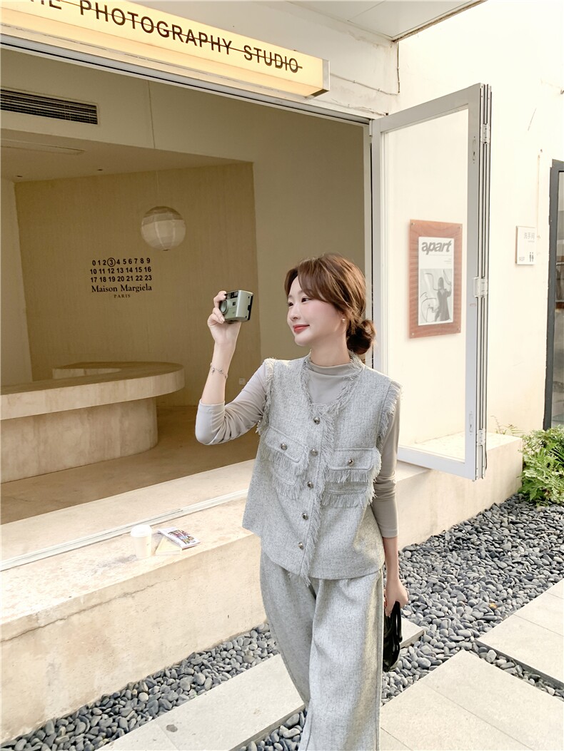 小香风流苏马甲阔腿裤套装女春秋法式气质优雅三件套,女装套装/套裙,2C269