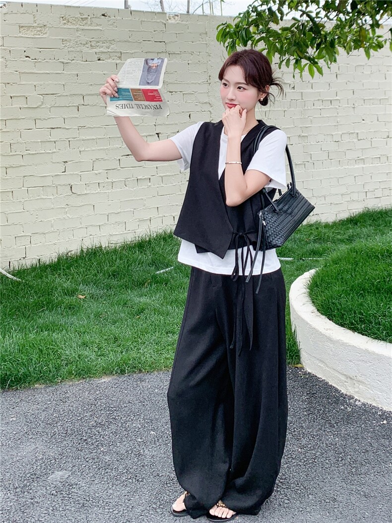 气质轻熟马甲白色T裤子三件套,女装套装/套裙,诺蝶