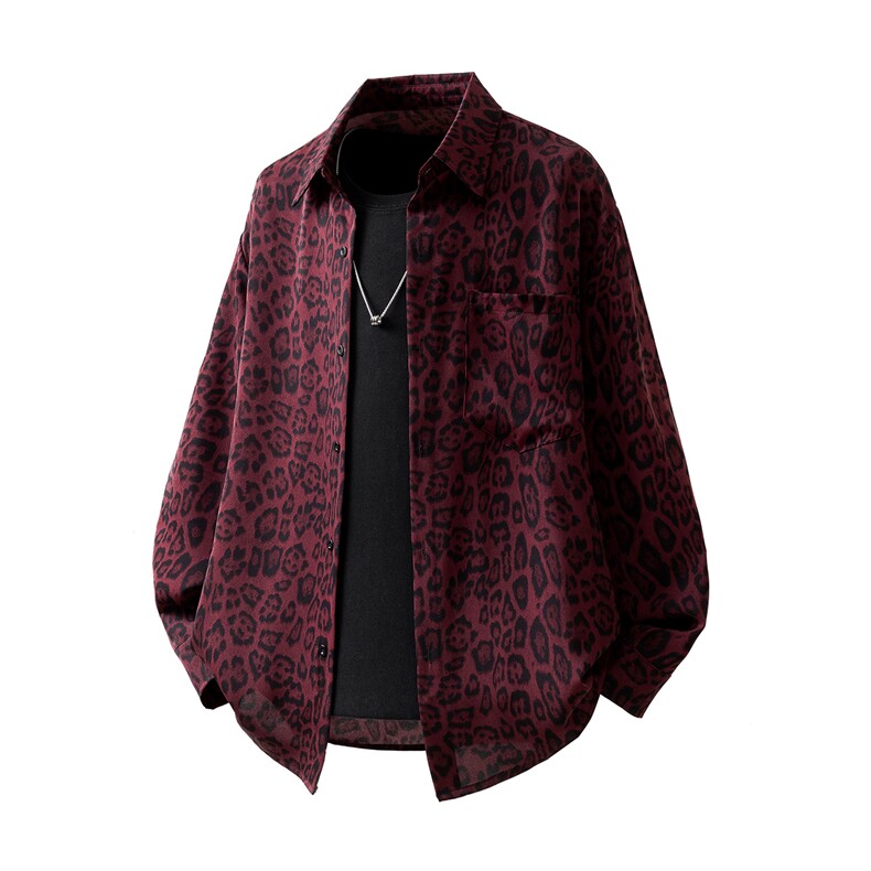 立体白底豹纹衬衫M-5XL大码聚酯纤维长袖衬衫CS78728P35控58，男装衬衫，星座227-7