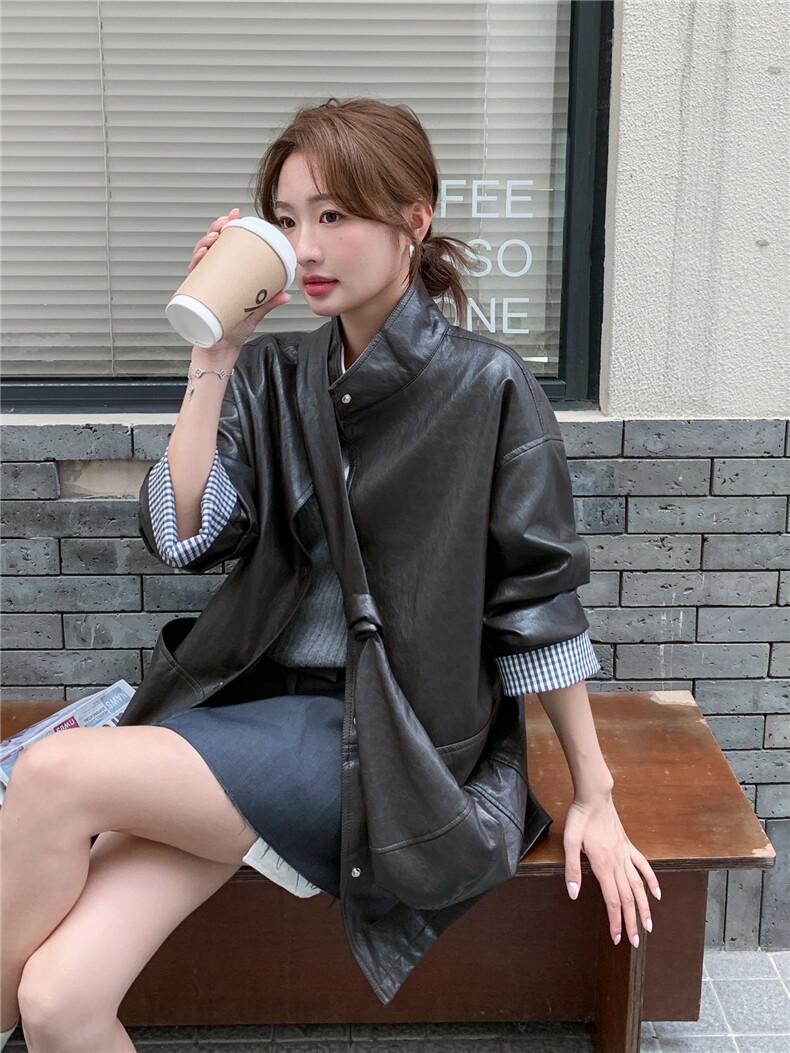复古韩版皮衣女2025秋装新款中长款外套PU皮夹克今年流行黑色外套,女装短外套,意芙