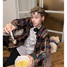 C261-P372024美式复古格子衬衫男秋季新款宽松撞色中长款长袖，男装衬衫，电商B323A