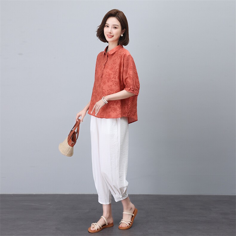 冰丝短袖衬衫女士套装2024夏季新款妈妈时尚休闲宽松七分裤两件套,女装套装/套裙,3200格调