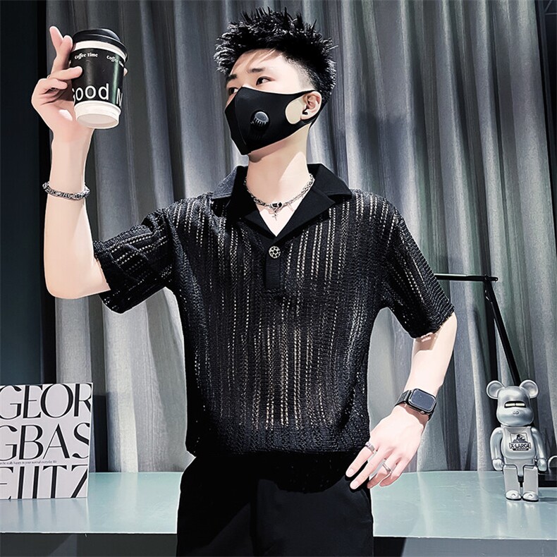 301A-1PL98P48社会小伙店主风男士镂空V领POLO衫夏季，男装Polo衫，星座301A-1