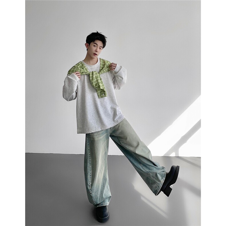 【现货在仓】WY1546-P40特控78大码假两件披肩长袖T恤卫衣,男装T恤,电商D232