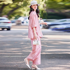 时尚天丝套装2025新款夏季休闲复古气质大码棉麻阔腿裤两件套女装，女装套装/套裙，水衣源