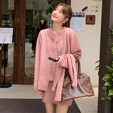 慵懒风针织套装女秋季韩版围脖毛衣外套短袖内搭上衣短裙四件套裙，女装套装/套裙，半夏