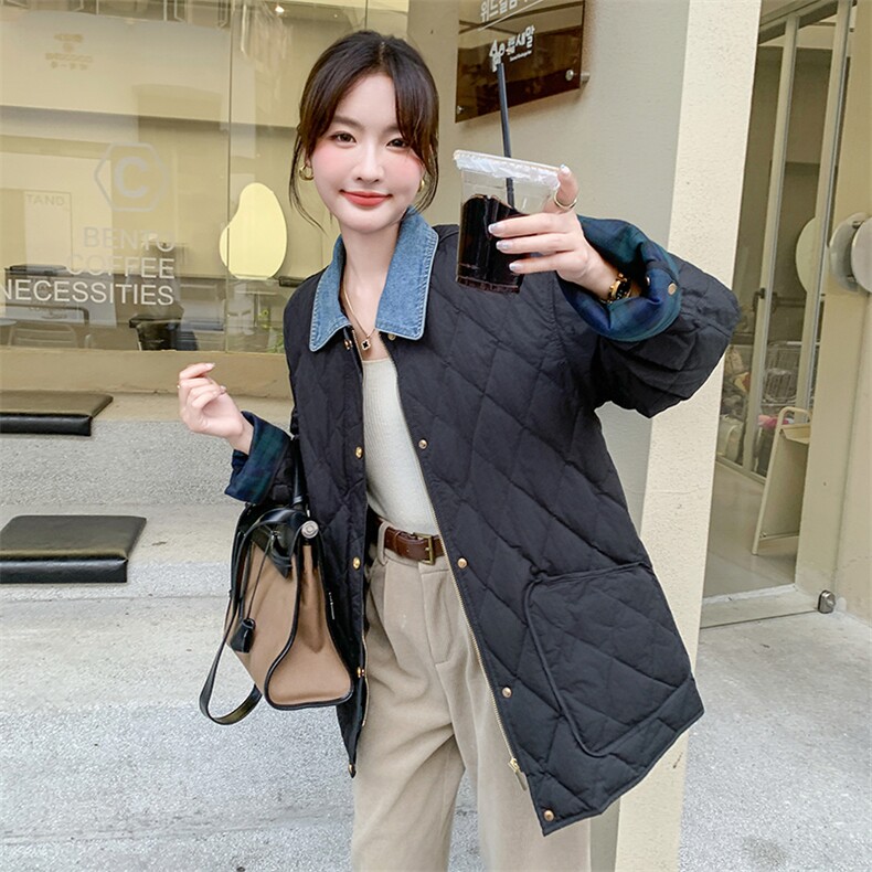 黑色菱格羽绒棉服女2024冬宽松韩版洋气超好看拼接翻领牛仔小棉袄,女装棉衣/棉服,C位