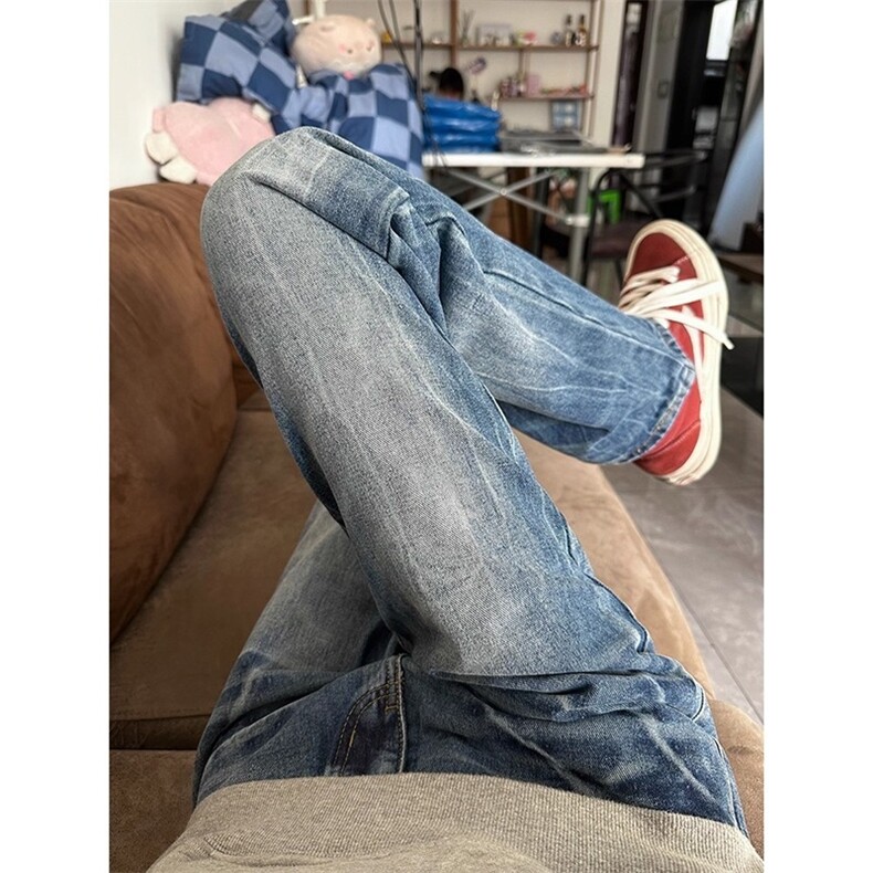 直筒牛仔裤男宽松长裤ins潮松紧腰潮牌高街阔腿休闲NZ0814图片