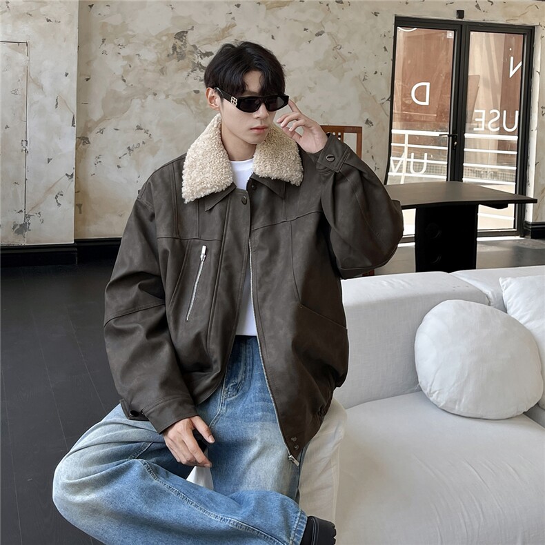 港风PU皮复古做旧面料可脱卸羊羔毛领夹克式棉衣男77933P138控198，男装夹克，星座227-7