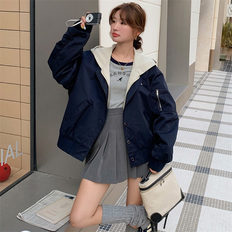 超火藏青色短款连帽棒球服外套女春2025新款设计感假两件夹克,女装短外套,浙宝305