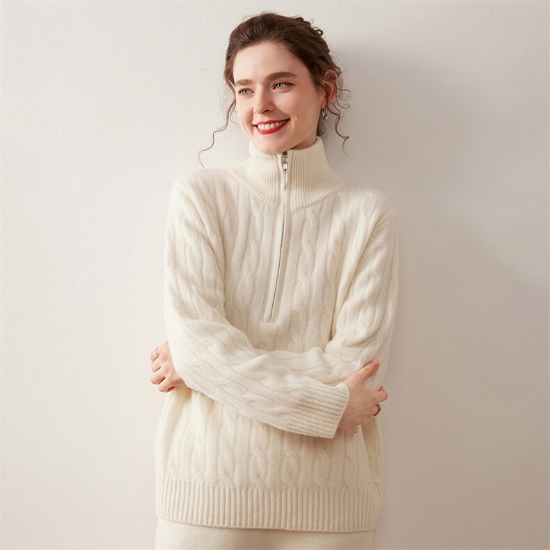 新款纯色高领拉链时尚简约套头上衣，女装针织衫/毛衣，绒盛美羊绒