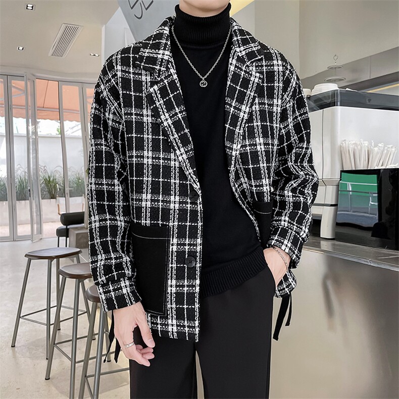 轻熟风ins小香风网红格子拼接呢料夹克外套WY51/P70降,男装夹克,电商A243