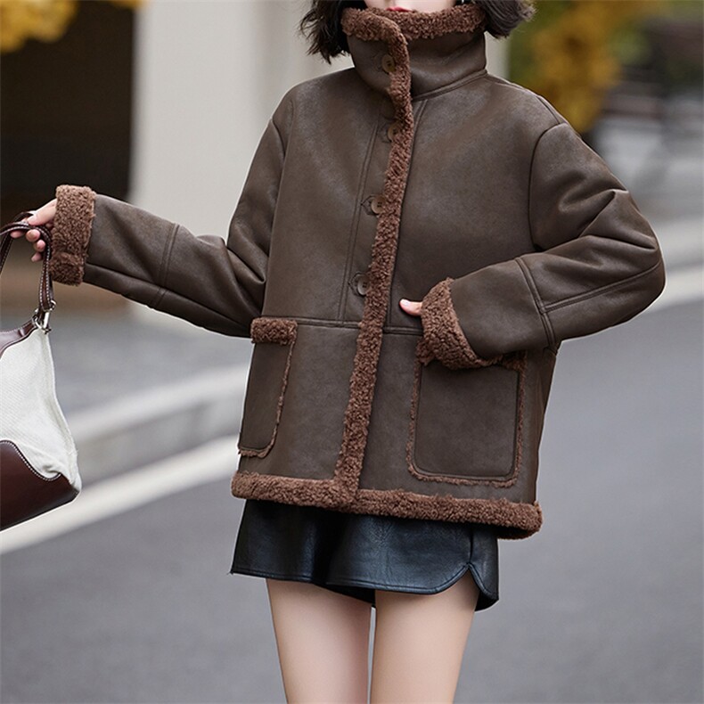 皮毛一体仿羊羔毛外套女短款2024新款秋冬季加绒机车服加厚皮夹克,女装羊羔毛/颗粒绒,江南女神