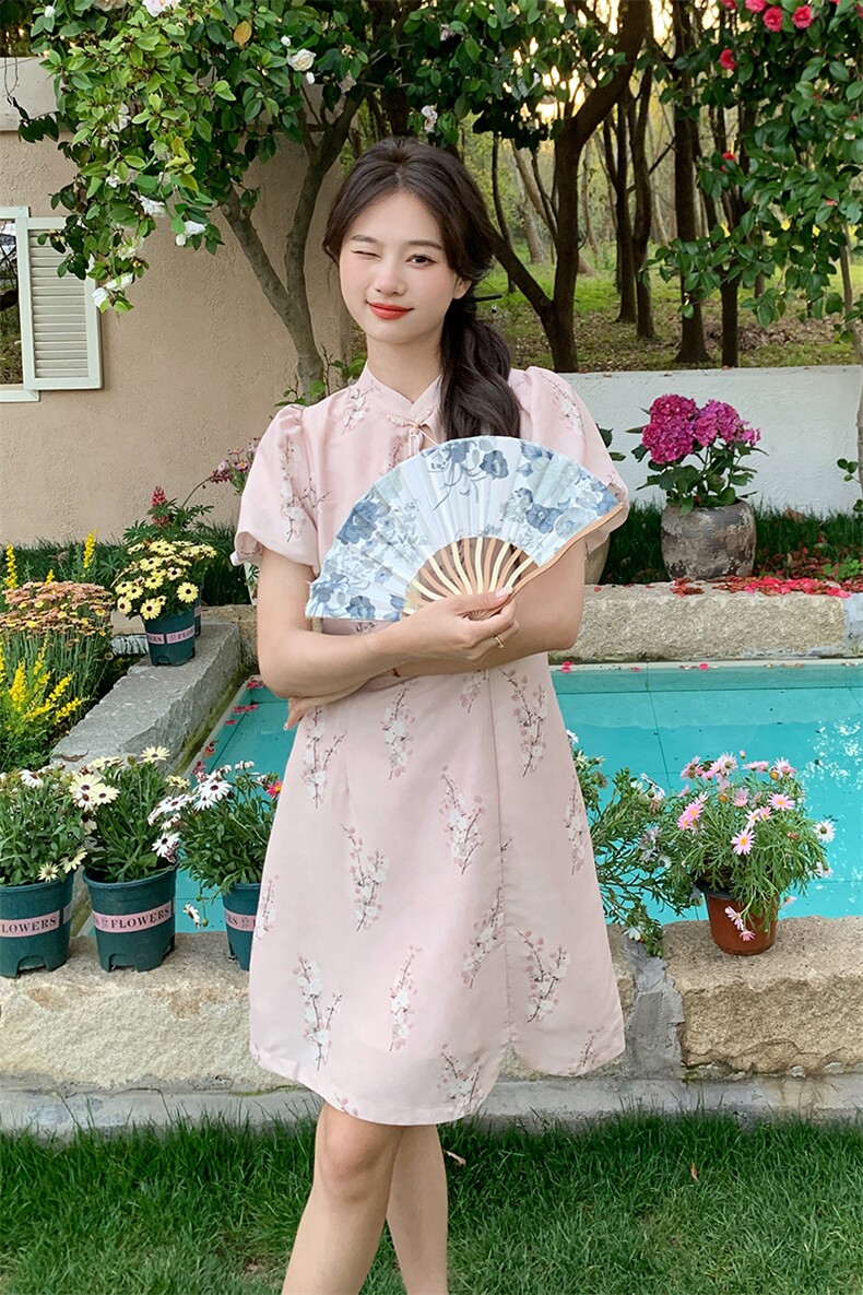 新中式盘扣收腰连衣裙女2025夏季新款气质温婉改良旗袍裙,女装连衣裙,浙宝203