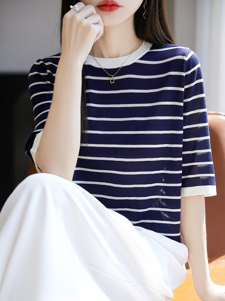 夏季五分袖常规2025年夏季新款条纹大码女装宽松薄款高级感,女装T恤,暖圣羊羊绒