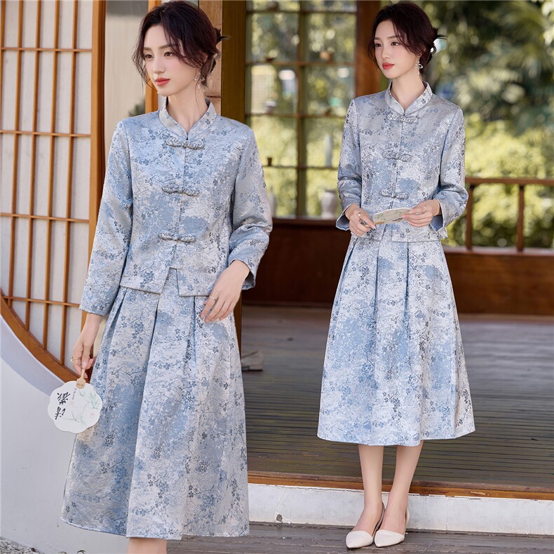 3127复古新中式提花两件套裙,女装套装/套裙,香莘料