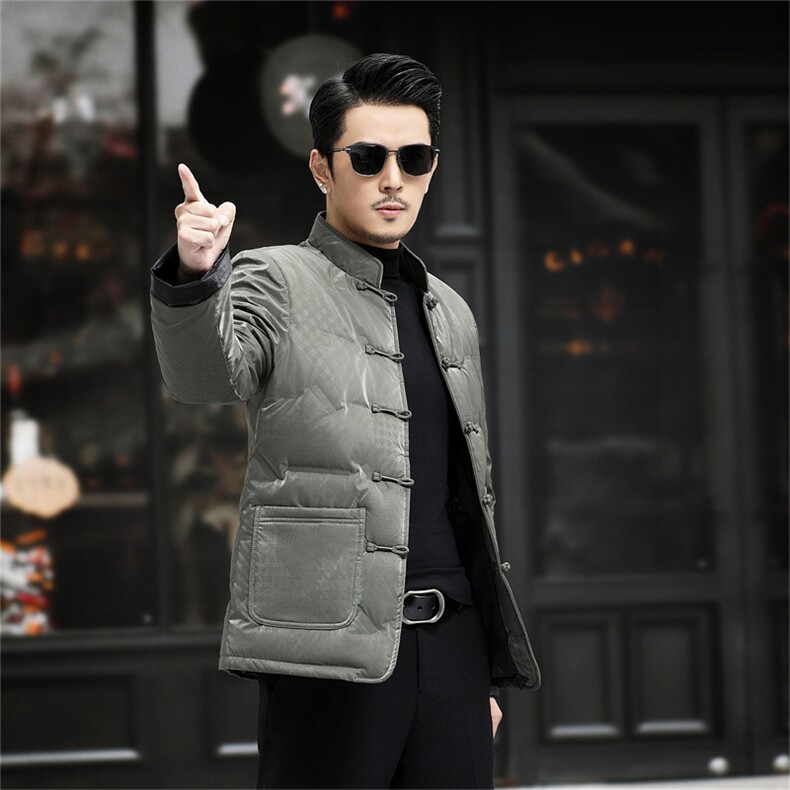 男装中年唐装90绒羽绒服男复古盘扣风羽绒服外套中式唐装图片