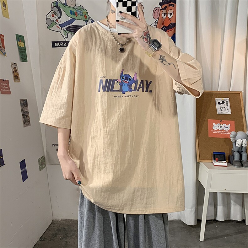 YT26173-P30亚麻短袖t恤男大码五分袖男宽松七分袖海报风，男装T恤，电商A040