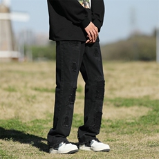 秋款男牛仔裤流苏补丁猫须纯色休闲长裤NK670P45，男装牛仔裤，星座1013-1