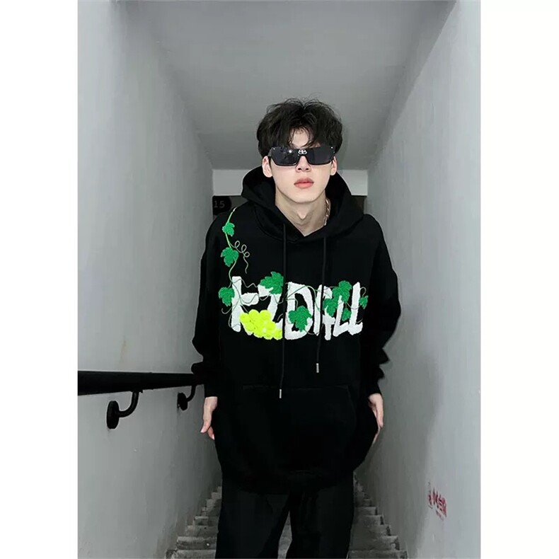 706-1-WY888-P75加绒P85秋季港风葡萄刺绣网球毛巾绣连帽卫衣,男装卫衣,星座706-1