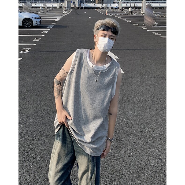 夏季新款克罗心华夫格假二件背心宽松版无袖圆领T恤男 ZX438-P28图片