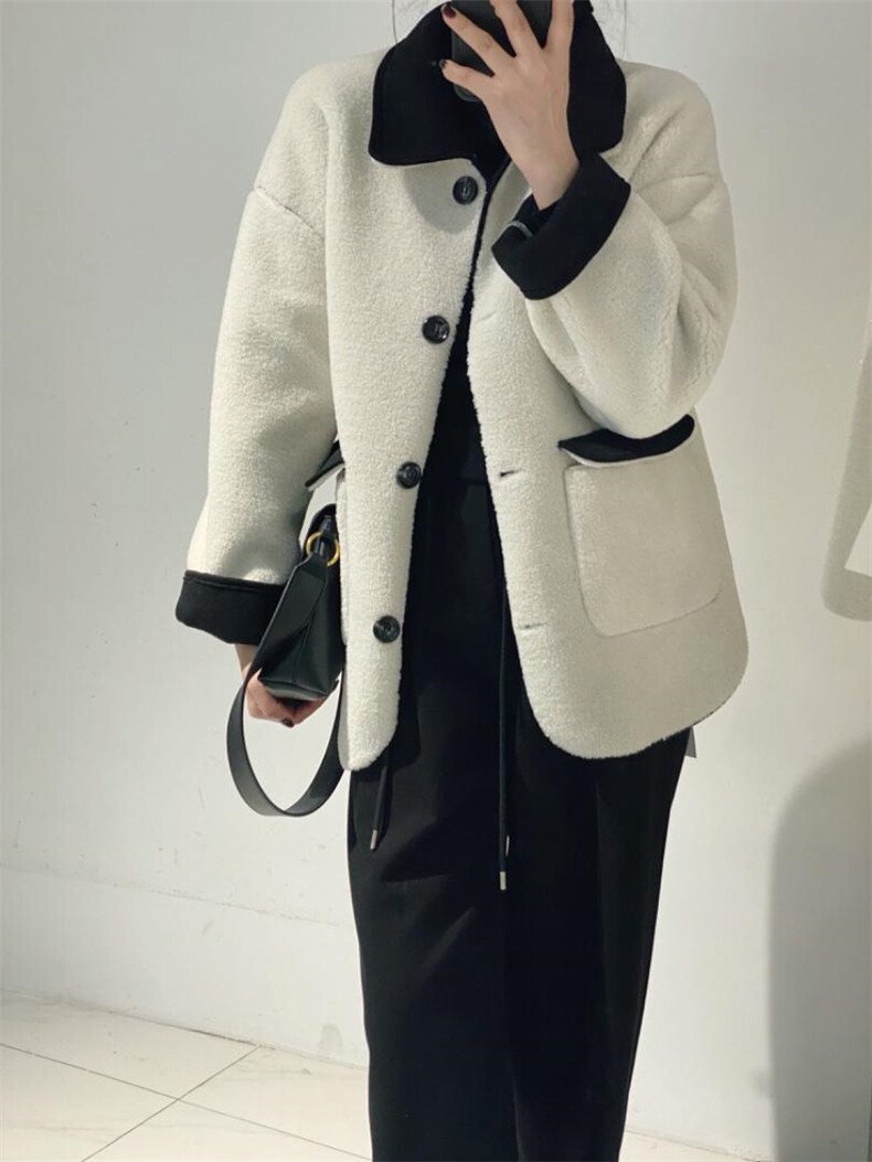 拼色羊羔毛外套，其它，驿谷