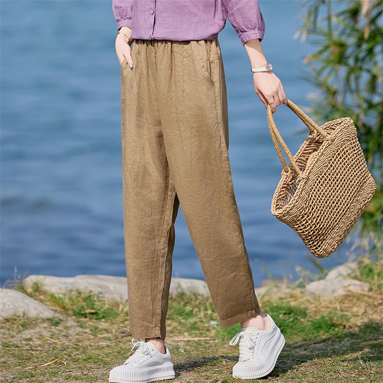 棉麻裤子女2025休闲透气长裤宽松薄款中年妈妈洋气减龄直筒女裤,女装休闲裤,涵誉