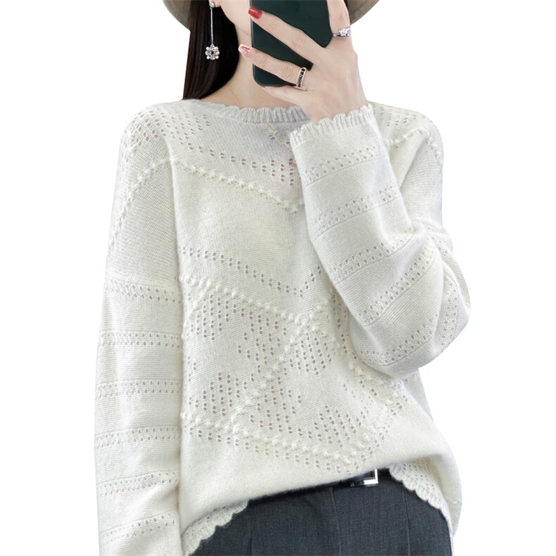 秋冬新款花边圆领羊绒针织衫女套头毛衣韩版显瘦羊毛长袖打底衫,女装羊毛衫,忠诺羊绒
