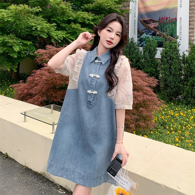 夏季牛仔拼接连衣裙中长款女，女装连衣裙，浙宝069