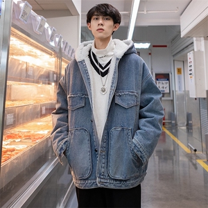A609冬休闲加绒牛仔棉衣外套夹克加厚保暖防寒棉服羊羔毛绒连帽潮图片